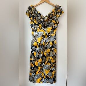 Maggy L Bold Floral Print Dress With Ruffled Neckline Size 10